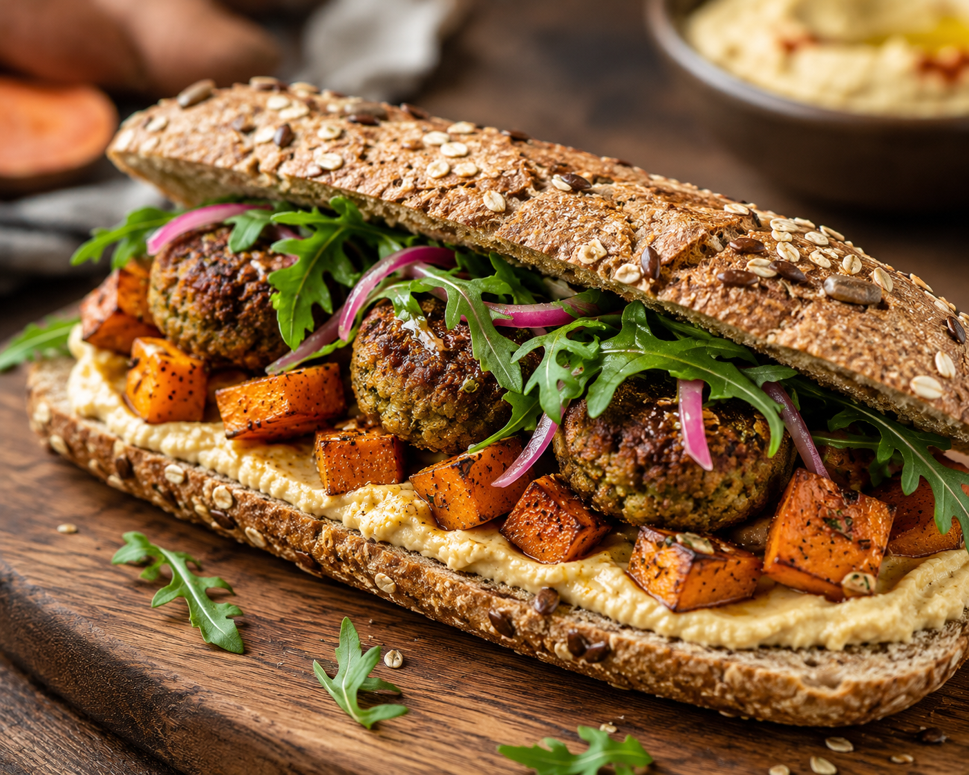 Bruine baguette met zoete aardappel, hummus en falafel